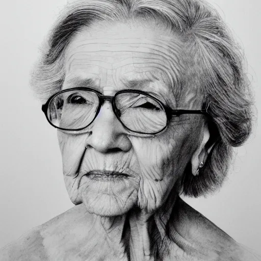 Prompt: A photo of a portrait of a 95 year old lady, trending on Art Station, high detailed, black and white, photorealistic