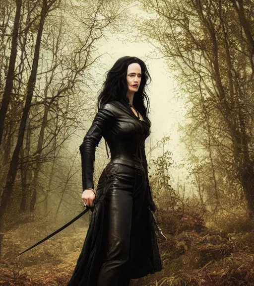 Image similar to 5 5 mm close up portrait photo of eva green as yennefer of vengerberg in black leather armor and long black fluff hair, in a forest. magical atmosphere. art by greg rutkowski. lifelike. very detailed 8 k. intricate. soft light. nikon d 8 5 0.