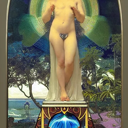 Image similar to The chalice of the angels, refracted sparkles, thunderstorm, greek pool, beach and Tropical vegetation on the background major arcana sky, by paul delaroche, alphonse mucha and arnold böcklin, hyperrealistic symmetrical 8k, award-winning, very very very detailed