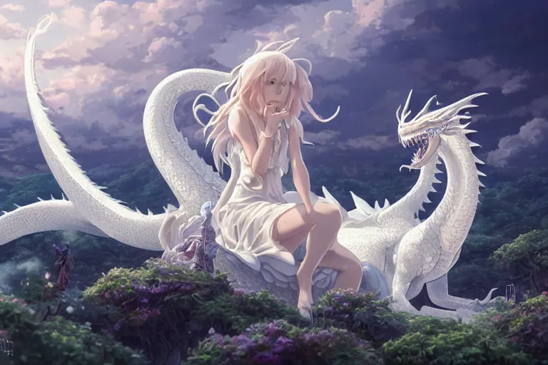 Image similar to the beautiful hyper detailed big scene render that a beautiful girl sitting on the back of a huge silver white dragon alone in fairyland surrounded by white clouds, finely detailed angelic face delicate features, style of studio ghibli, makoto shinkai, raphael lacoste, artgerm, karol bak, kazuki tanahashi, james jean, ross tran, ultra wide angle