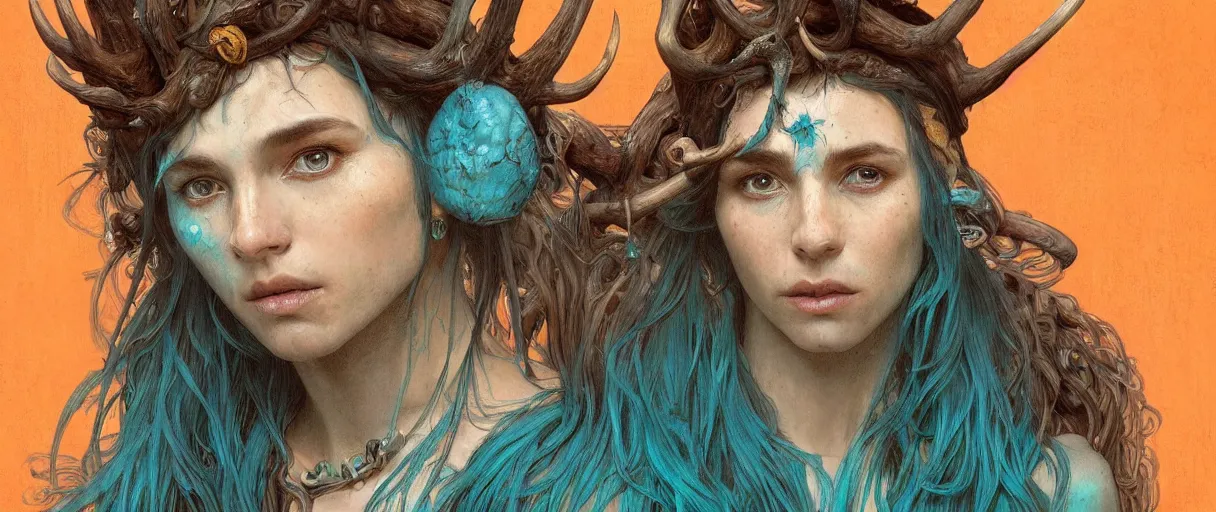 Prompt: beautiful digital painting of shaman with teal skin and antlers made of wood on his head, brown curly hair with orange oak leaves, D&D, fantasy, intricate, beautiful eyes, cinematic lighting, highly detailed, digital painting, Artstation, concept art, smooth, sharp focus, illustration, art by Artgerm and Greg Rutkowski, Alphonse Mucha and Rossdraws