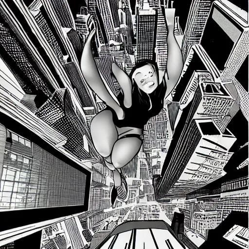 Prompt: a girl jumping among the buildings of the new york city in the night, top view, grayscale color scheme, comic book artstyle, by john romita