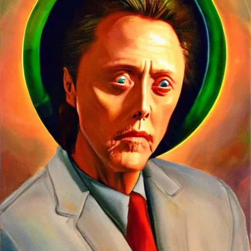 Image similar to Christopher Walken painted like a Saint with halo behind head