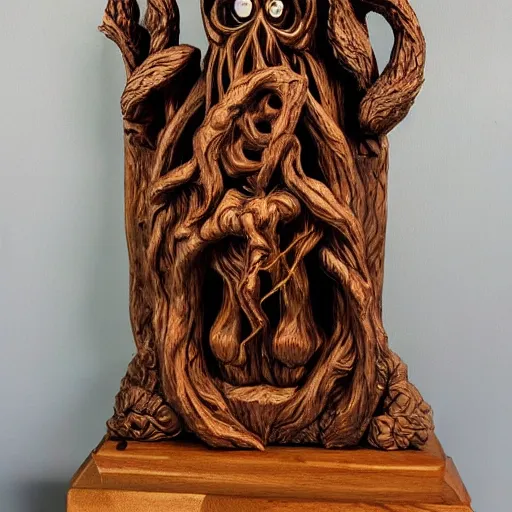 Prompt: Detailed oak wood carving sculpture of Cthulhu with a pentagram in the mountains, rocky mountains at night with campfire