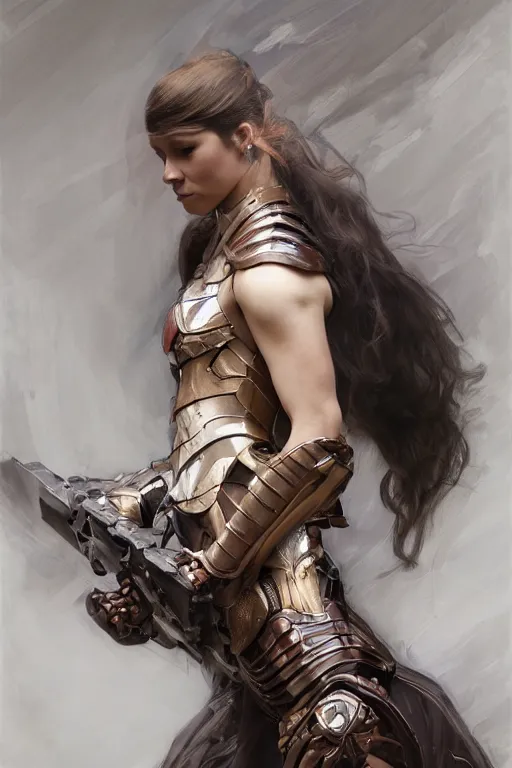 Image similar to > professional portrait of female biomechanic famous actress in pose , armor elements , long dark hair, beautiful bone structure, symmetrical facial features, intricate, elegant, digital painting, concept art, smooth, sharp focus, illustration, by Ruan Jia and Mandy Jurgens , and mucha, and Artgerm and William-Adolphe Bouguerea