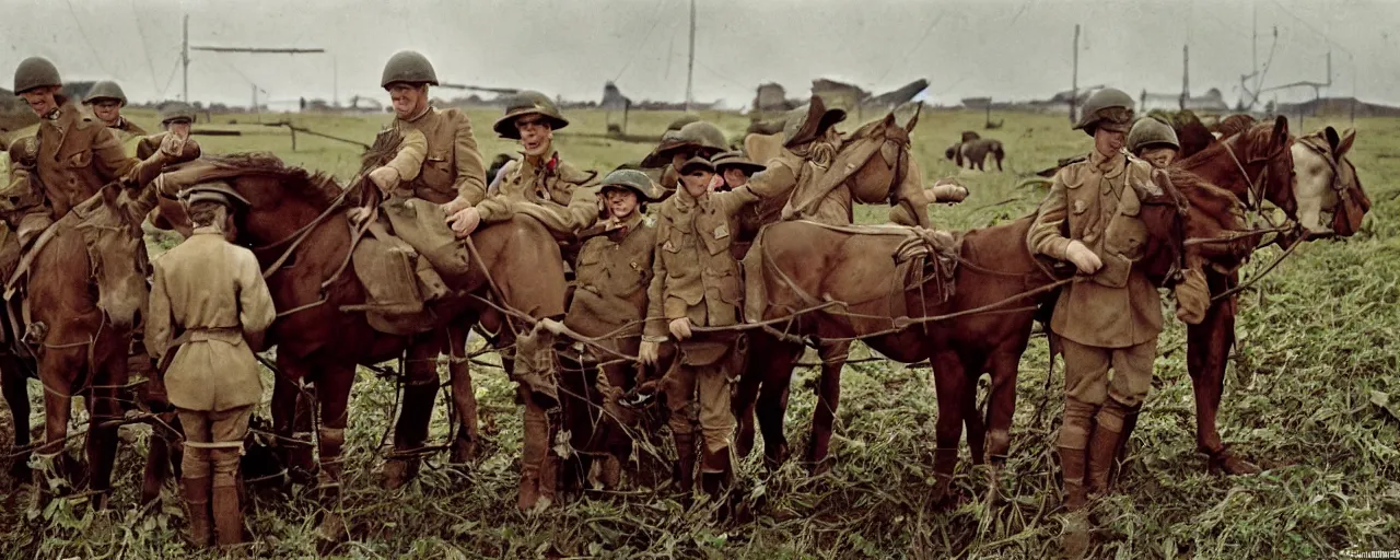 Image similar to soldiers feeding hungry horses spaghetti, world war 1, canon 5 0 mm, kodachrome, in the style of wes anderson, retro