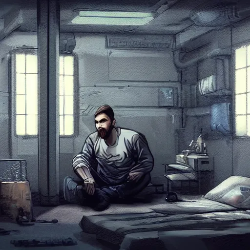 Prompt: a man sitting in the bed of a cyberpunk prison cell, gray digital paiting, artstation