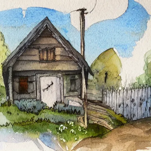 Image similar to a watercolor and ink painting of a cottage, drawn on white parchment paper, vibe, atmosphere, detailed, muted colors