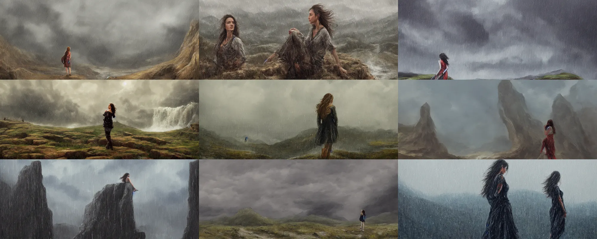 Prompt: detailed painting of a woman leaning on a huge colossal wall of colossal dam landscape, raining, trending on artstation