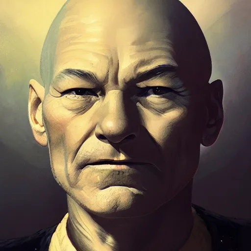 Prompt: portrait of Patrick Stewart, staring at you, black background, curious eyes, by Anato Finnstark, Tom Bagshaw, Brom