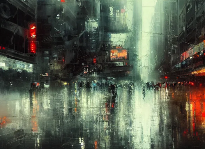 Image similar to neotokyo cityscape in winter painted by jeremy mann, street - level, dripping oil paint, thick brushstrokes, abstracted painterly techniques, high resolution, 8 k