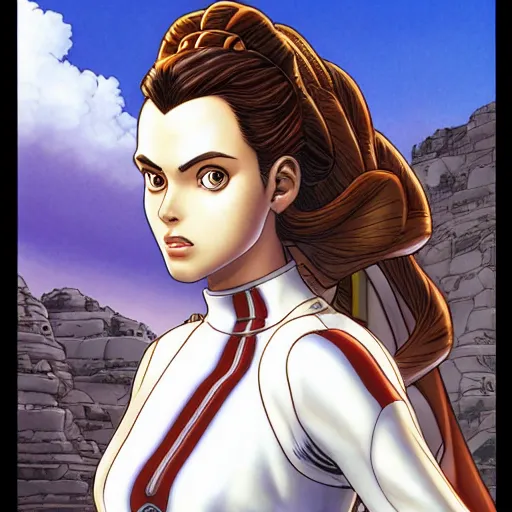 Image similar to Padme Amidala looking into the distance, by Yusuke Murata, highly detailed, establishing shot