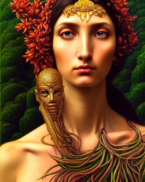 Image similar to portrait of the goddess of nature, unusual beauty, emotionally evoking symbolic metaphors, head in focus, fantasy, ornamental, intricate, elegant, sensual, highly detailed digital painting, artstation, concept art, painterly, golden ratio, sharp focus, illustration, art by John William Godward and Zdzisław Beksiński,