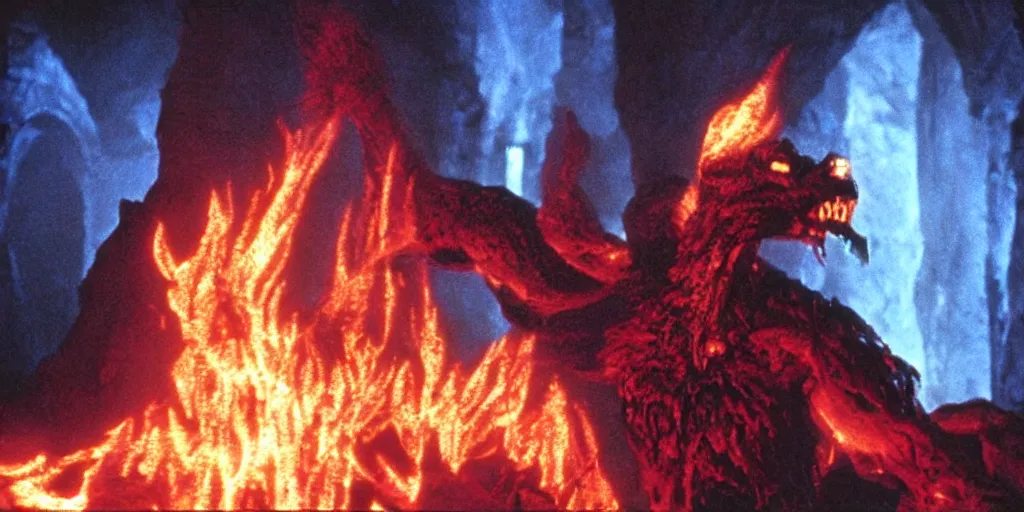 Image similar to A full color still from a Stanley Kubrick film featuring a Balrog made of flames in the fancy mines Moria, practical effects, 35mm, 1975