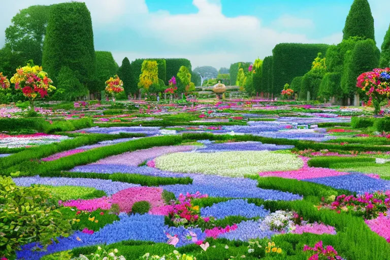 Prompt: heaven, flower garden of versailles, korean tall palace of flower, waterfall from the clouds, heavenly flower garden of courtyard, butterfly, sky full of petals, oriental fantasy, wreathed in mist and bright sunshine, ultra realistic, 8 k