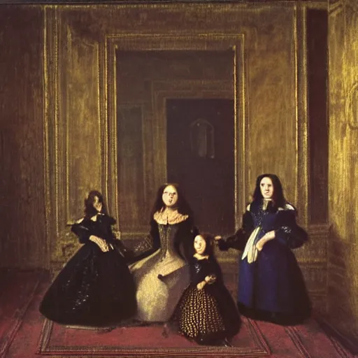 Image similar to extremely detailed oil painting of a family portrait in the main room of the castle painted in 1 6 5 6, dark room, one point of light coming through the window inspired by las meninas, clear spaces between each subject and good detail and realistic eyes, faces for each person, extreme perspective, textured photo - realism, inspired by diego velasquez better quiality