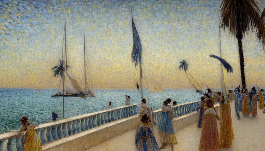 Image similar to a ultradetailed beautiful painting of the night sky of the amazonas golden white palace balustrade designed by jules bastien - lepage, tarsila do amaral, frank weston and gustave baumann, beach, trending on artstation, mediterranean, palm trees, sharp focus, sail boats, soft light, 8 k 4 k