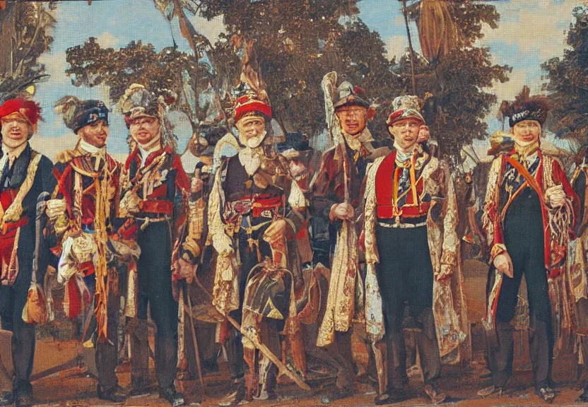 Image similar to a tapestry of men with fezes standing in ranks