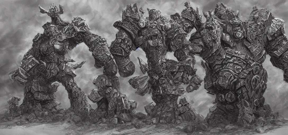 Image similar to A legion of giant sandstone golem, intricate, detailed, World of Warcraft concept art, award winning drawing, by Greg Ludkowski