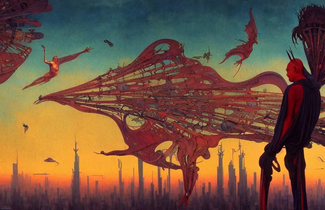 Image similar to realistic detailed portrait movie shot of a birdman wearing dark ragged robes, futuristic city sunset landscape background by denis villeneuve, amano, yves tanguy, alphonse mucha, ernst haeckel, max ernst, roger dean, rich moody colours, blue eyes