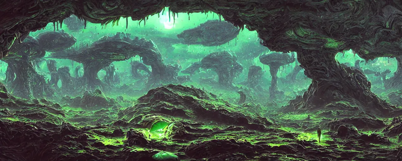 Image similar to ” slimy alien landscape, [ organic, disgusting, cinematic, detailed, epic, widescreen, opening, establishing, mattepainting, photorealistic, realistic textures, octane render, art by slop and paul lehr ] ”