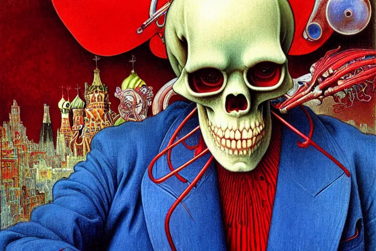 Prompt: realistic detailed closeup portrait painting of a single skeleton smoking wearing red velvet blazer in a crowded futuristic moscow street by Jean Delville, Amano, Yves Tanguy, Alphonse Mucha, Ernst Haeckel, Edward Robert Hughes, Roger Dean, rich moody colours, blue eyes