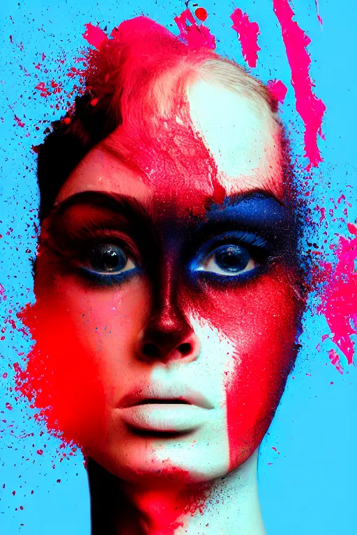 Prompt: glitched mix of endless female face and red paint in style of neo dada, blue background, hard paint, close-up