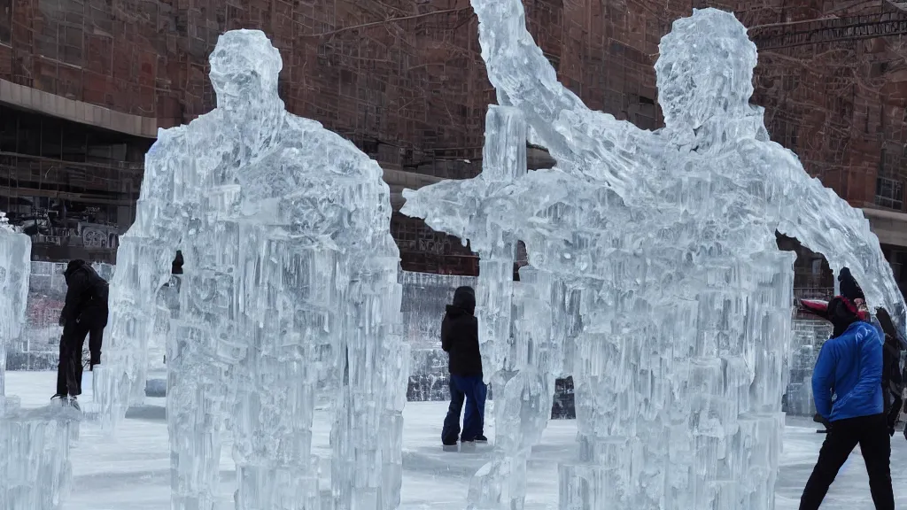 Image similar to a highly detailed sculpture of a super hero made of ice, people are ice skating around it, ice rinks, elegant.