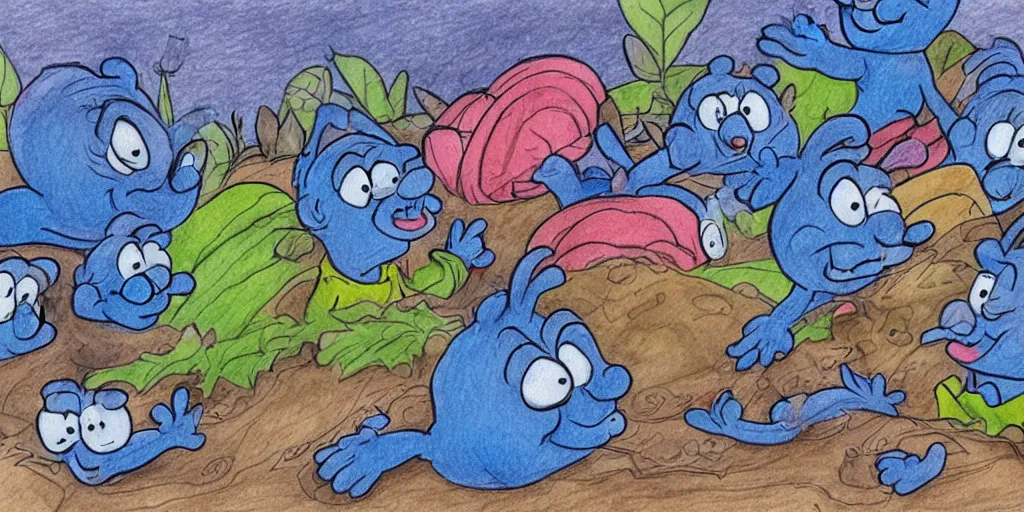 Image similar to smurfs found in snails with a sunrise and road landscape with lynxes and teeth in pen drawing style and pencil color