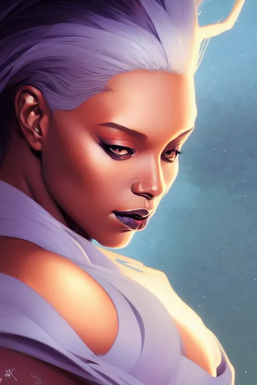 Prompt: a portrait of ororo munroe, fantasy, sharp focus, intricate, elegant, digital painting, artstation, matte, highly detailed, concept art, illustration, ambient lighting, art by ilya kuvshinov, artgerm, alphonse mucha, and greg rutkowski