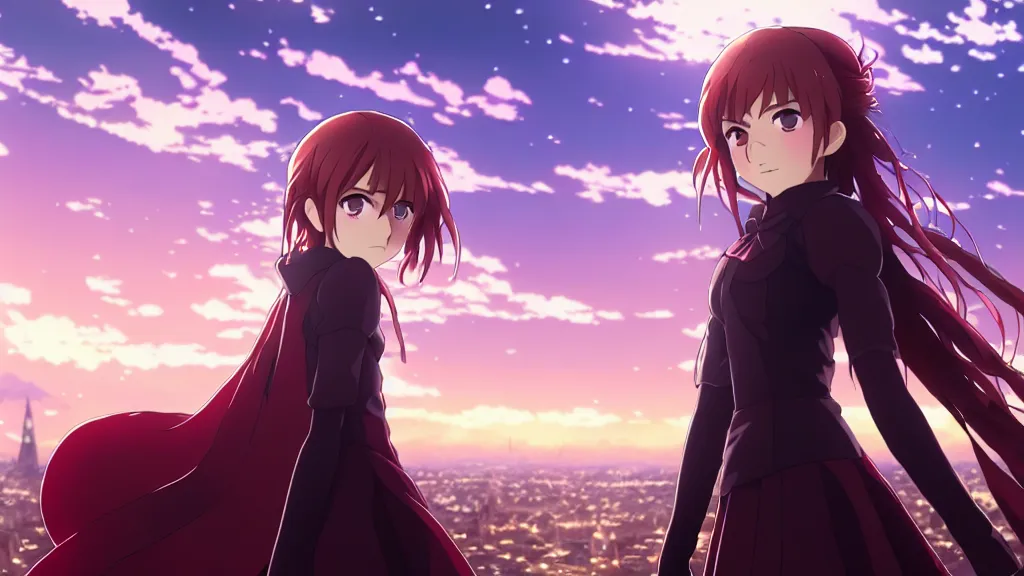 Image similar to emma watson, heavens feel movie, demon slayer, ufotable, kyoani, high quality, artstation, key visual, cinematic, city background, night time, rooftop, fate stay night, unlimited blade works, greg rutkowski, high resolution, dynamic pose, extreme close up, rin outfit, anime, high angle, high budget