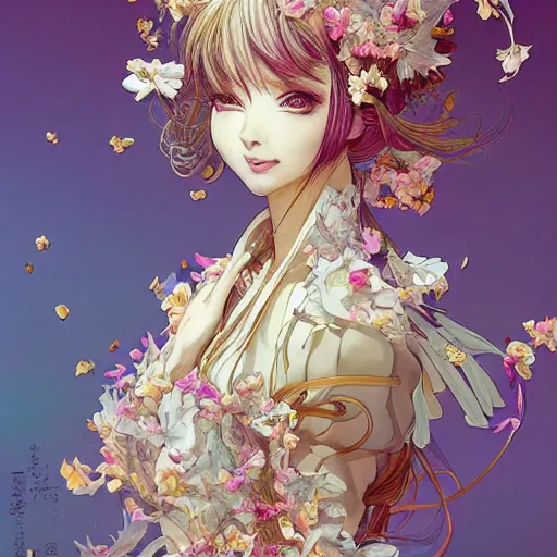 Prompt: the portrait of an absurdly beautiful, graceful, and elegant anime woman made of bananas and petals, an ultrafine detailed illustration by kim jung gi, irakli nadar, rossdraws, intricate linework, bright colors, final fantasy, behance contest winner, angular, unreal engine 5 highly rendered, global illumination, radiant light, detailed and intricate environment