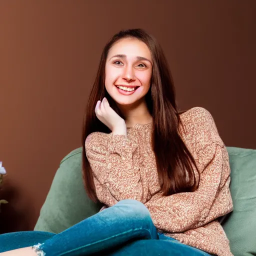 Image similar to a cute young woman smiling, long shiny bronze brown hair, full round face, green eyes, medium skin tone, light cute freckles, smiling softly, wearing casual clothing, relaxing on a modern couch, interior lighting, cozy living room background, medium shot, mid-shot, soft focus