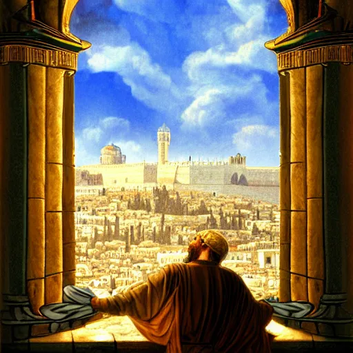 Image similar to fantasy art of king david overlooking the city of jerusalem through his palace window