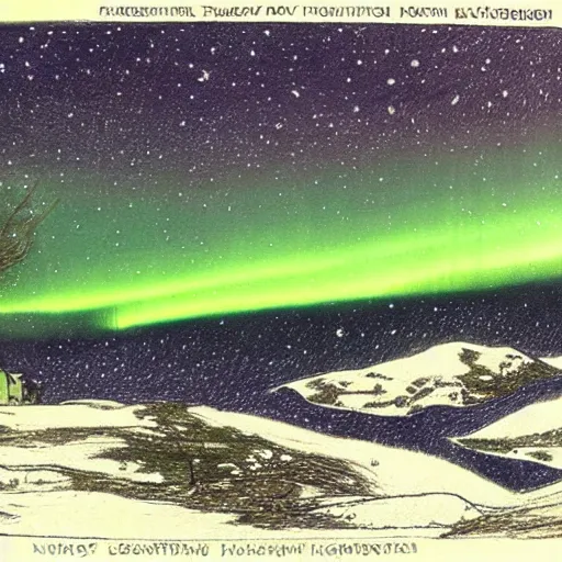 Prompt: northern lights in the art style of Theodor Kittelsen, full HD