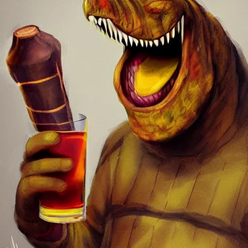 Image similar to barney the dinosaur from kids show drinking whisky and smoking a cigar, portrait art by, digital art, trending on artstation