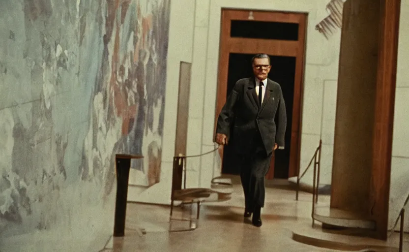 Prompt: 60s movie still close-up portrait of an elder Josip Broz Tito walking in an empty sovietic museum with propaganda fresco, by David Bailey, Cinestill 800t 50mm eastmancolor, heavy grainy picture, very detailed, high quality, 4k, HD criterion, precise texture and facial expression