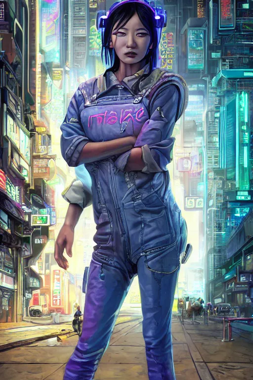 Image similar to a full body illustration of an asian female cyberpunk character wearing dungarees, highly detailed, oil on canvas, soft lighting, neon pastel colors, by Glenn Fabry, by Greg Staples, by Jean Giraud, HD, 4K