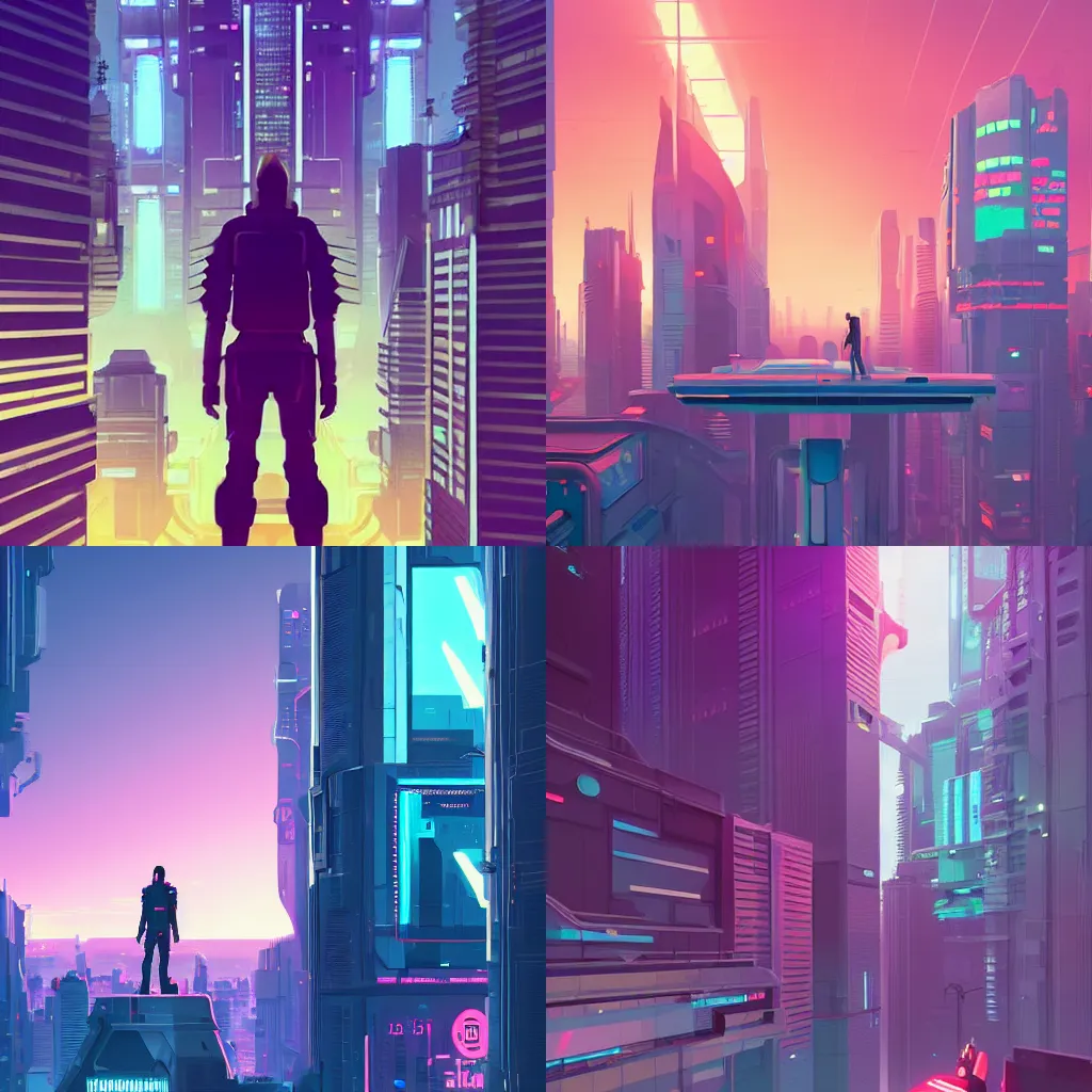 Prompt: a man standing on a ledge in a futuristic city | cyberpunk art by james gilleard | cgsociety | retrofuturism | synthwave, cityscape, 2 d game art