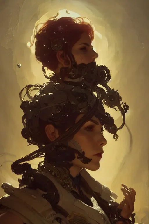 Image similar to A full portrait of a space pirate, intricate, elegant, highly detailed, digital painting, artstation, concept art, smooth, sharp focus, illustration, art by Krenz Cushart and Artem Demura and alphonse mucha