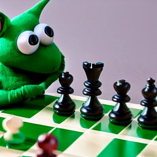 Prompt: photo of ( hybrid of kermit the frog and yoda ) playing chess