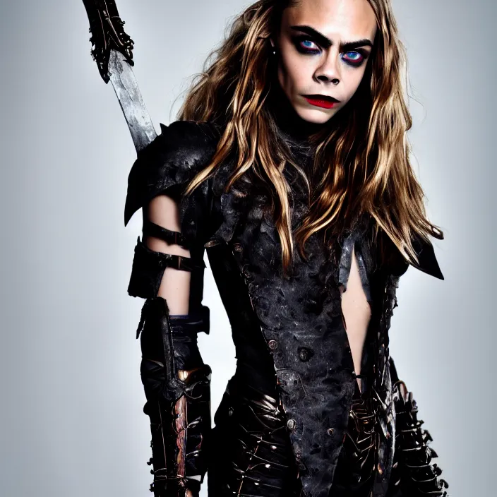 Prompt: professional full length photograph of cara delevingne as a vampire warrior. Extremely detailed. 8k