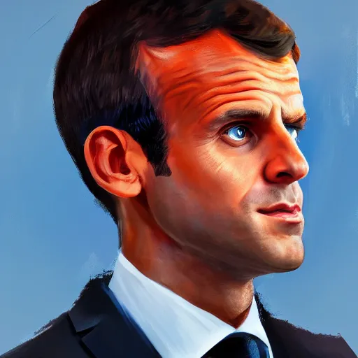 Image similar to digital art portrait of emmanuel macron with robot ears falling in the sun, 4k, sharp focus, Andreas Rocha