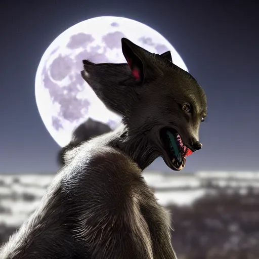 Prompt: female werewolf at night with black realistic fur, under the moon, ultra detail, unreal engine, 8 k