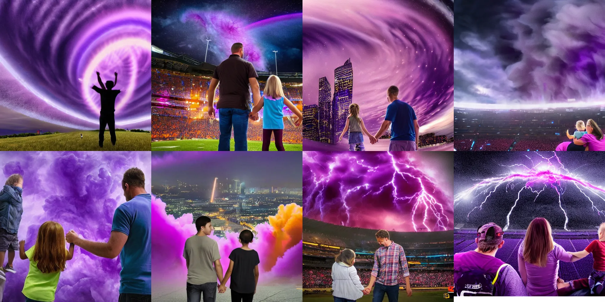 Prompt: Dad holds daughter's hand as they watch a Huge purple tornado wreck their beloved city Ultra HD 4K