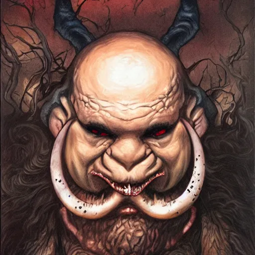 Image similar to grimpunk vile reprobate portrait portrait Cyclops Cyclops Cyclops Polyphemus Ogre grimaces with horrible tusks face nose septum ring ears tombow alexandre briclot Dave Dorman splatterpaint