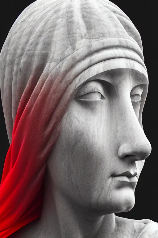 Prompt: polished black marble athena statue hiding his face under a red silkveil, sculpted by hedi xandt and bernini, epic and cinematic view, volummetric light, texturized, detailed, 8 k