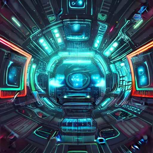 Prompt: cyberpunk space station, black hole and galaxy background, neon, space art, realism