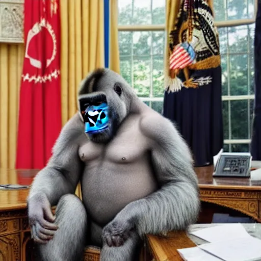 Prompt: harambe is president and sitting in the oval office