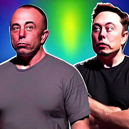 Prompt: joe rogan and elon musk trippy, real life, 8 k, 4 k uhd, realistic, hyper realistic, super detailed, very detailed, detailed